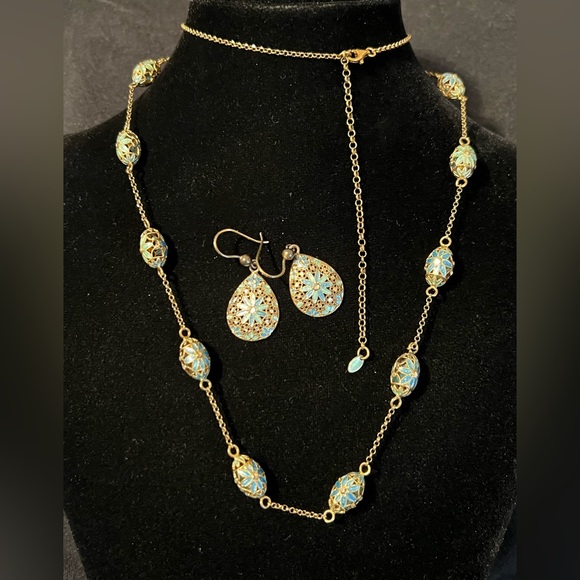 Jewelry - VINTAGE ITALY VERMEIL OVER STERLING SILVER ENAMEL FLORAL NECKLACE EARRINGS SET